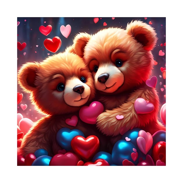 Teddy celebrating Valentines day, randome floating love hearts by Colin-Bentham