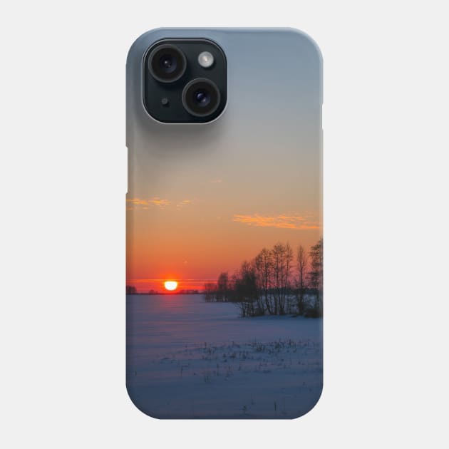 Sunset winter landscape with snow-covered road in violet and pink colors Phone Case by Olga Berlet