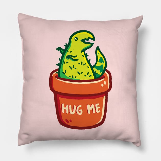 Cute T-Rex Dinosaur Cactus in a Planter & Hug Me Typography Pillow by LydiaLyd