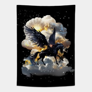 Mythical Pegasus black horse wings night clouds splash watercolor fantasy magical tale romance illustration Birthday idea Party Tapestry