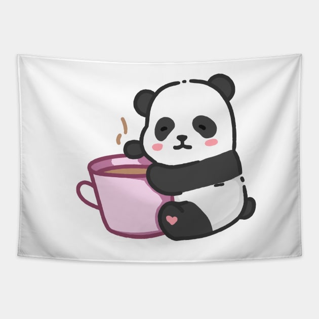 Panda bear hugging a cup of coffee Tapestry by Little Polart