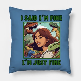 Woman Overwhelmed by Dinosaurs. Pillow