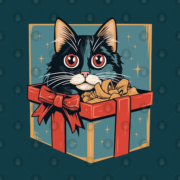 Vintage charm - adorable kitten peeking out of a holiday gift box, nostalgic design illustration for Christmas fun. by Art KateDav