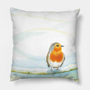 Red Robin in Winter on Snowy Branch Pillow