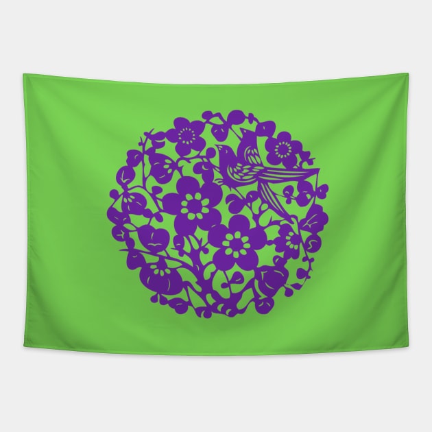 Traditional Chinese Paper Cutting Floral Pattern - Hong Kong Retro Vivid Lime Green with Purple Symbol Tapestry by CRAFTY BITCH