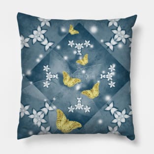 Gold butterflies and white flowers Pillow