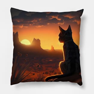 Painting of a Cat watching a Sunset in Texas Pillow