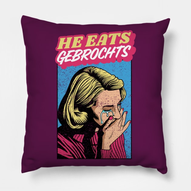 He Eats Gebrochts! Jewish Humor Pillow by JMM Designs