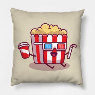 Cute Popcorn Holding Soda And Straw With 3D Movie Glasses Pillow