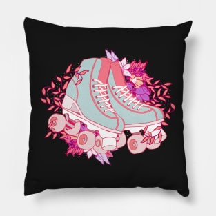 Vintage retro kawaii roller skates sticker pink and green with flowers Pillow