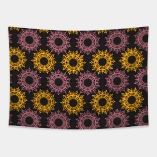 geometric mandala pattern gold and rose pink on black background Tapestry