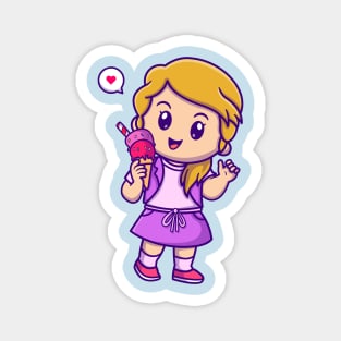 Cute Girl Holding Ice Cream Cartoon Magnet