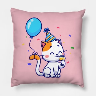 Cute Cat Birthday Party With Balloon Cartoon Pillow