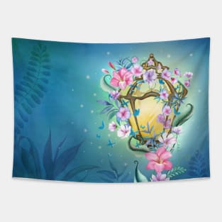 Enchanted streetlight with flowers ornament, butterflies decoration. Night Fairy garden watercolor illustration. Colorful romantic scenery Tapestry