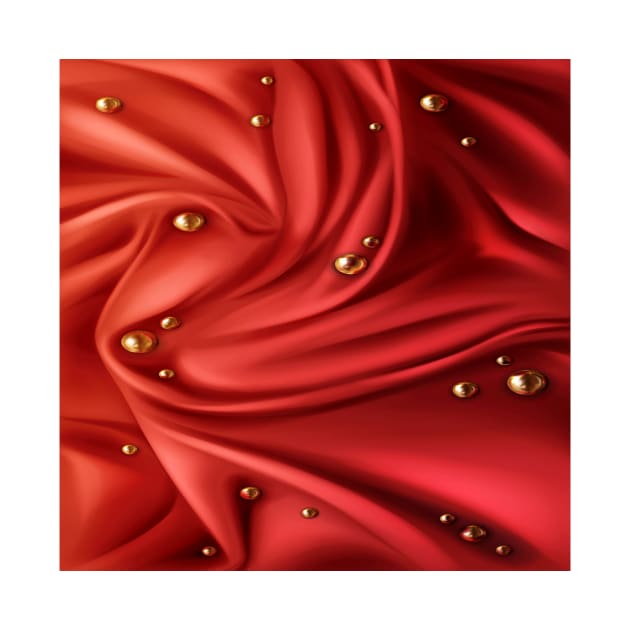 red, silky, draped fabric with golden balls by Hujer