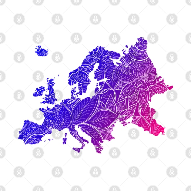 Colorful mandala art map of Europe with text in blue and violet by Happy Citizen