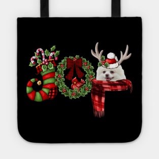 Christmas Joy Dwarf Stocking Reindeer White Pomeranian Tote