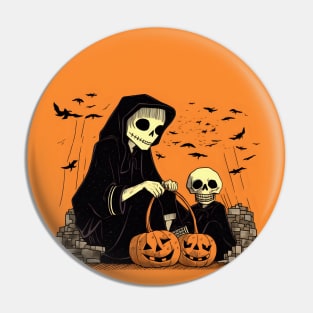 Halloween Two Skeletons with Basket of Pumpkin Pin