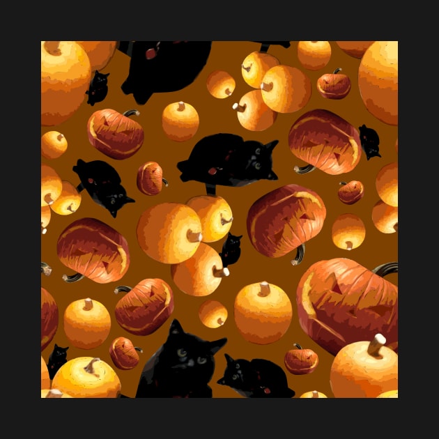 Black Cat and Pumpkins Tossed on Brown Repeat 5748 by ArtticArlo