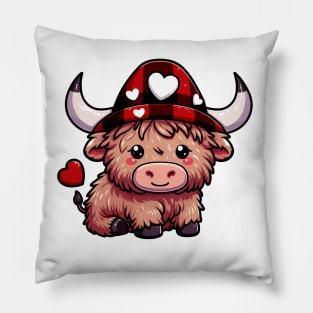 Cute Valentine's Highland Cow with Love Hat Pillow