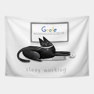 Cartoon black sleeping cat on a laptop and the inscription "Sleep working". Tapestry