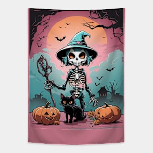 Halloween skeleton witch with her spooky friends Tapestry