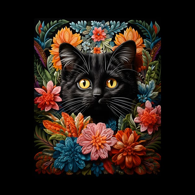 Vintage Black Cat Crochet Flowers - Whimsical Retro Design by KittyStampedeCo