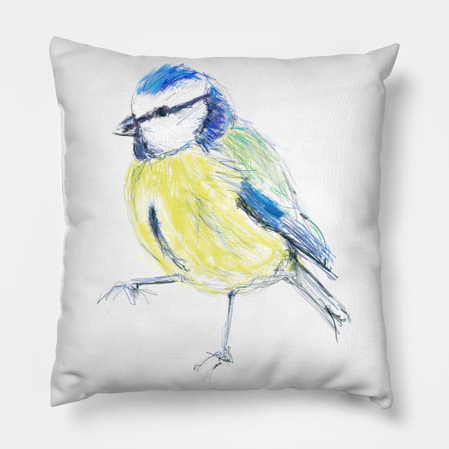 Bluetit Garden Bird on one leg Pillow by AshleyWilksArt