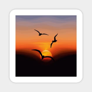 Flock of Birds Silhouette Against a Sunset, Landscape Digital Illustration Magnet