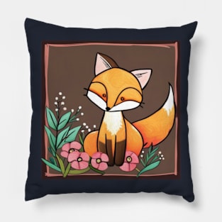 Cute Folk Art Fox With Flowers Pillow