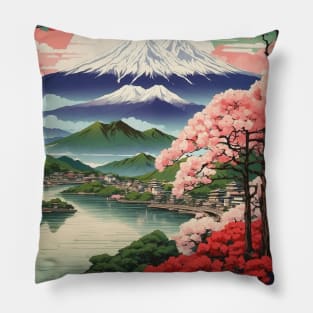 Japan Mt. Fuji Cherry Blossom Starry Night Vintage Tourism Travel Poster Pillow