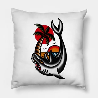 Traditional Shark and Beach Tattoo Piece Pillow