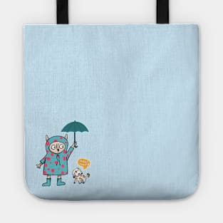 cute-looking monster is holding an umbrella for the dog in the outdoor while heavy rain Tote