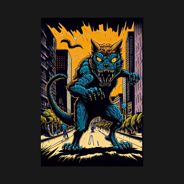 Giant Angry Blue Cat attacking a city by KoolArtDistrict