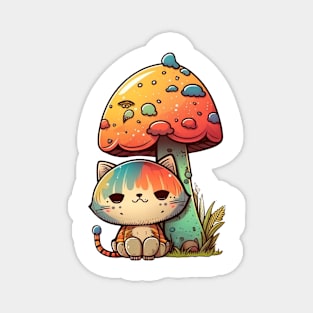 Psychedelic Cat Under Mushroom Cartoon Design Magnet