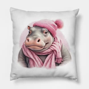 Adorable cute Hippo wearing a pink hat and scarf Pillow