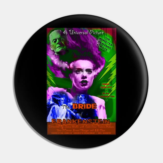 The Bride of Frankenstein Faux Retro Movie Poster Pin by xenomorphicpress