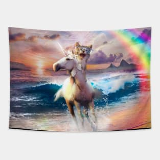 Cat Riding Unicorn Wearing Sunglasses, Beach Rainbow Funny Tapestry