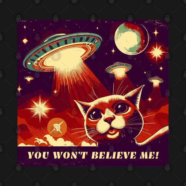 Retro vintage cat selfie with UFO by TomFrontierArt