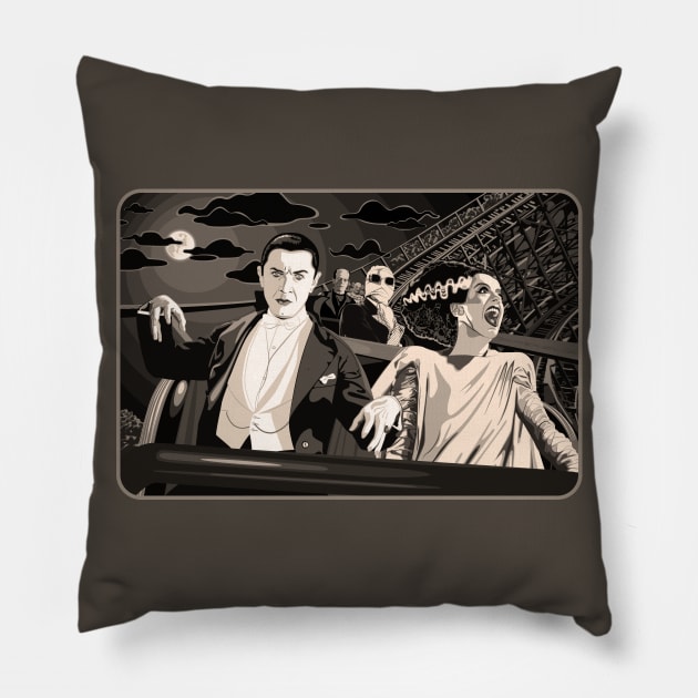 Ups & Downs (Sepia) (Universal Monsters on Roller Coaster) Pillow by PlaidDesign