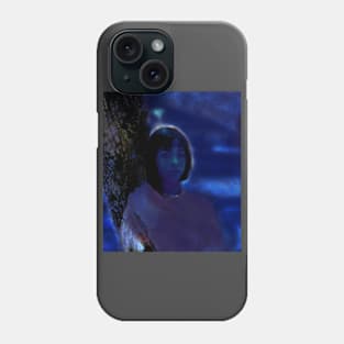 Portrait, digital collage and special processing. Lovely girl, sitting near tree. Night dreams. Blue. Phone Case