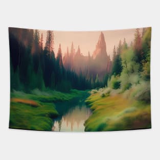 AI Generated Art Scenery - Lush Green Forest Mountains In The Back And River Tapestry