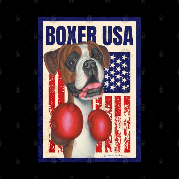 Cute funny red white and blue Boxer Dog with Boxing Gloves USA by Danny Gordon Art