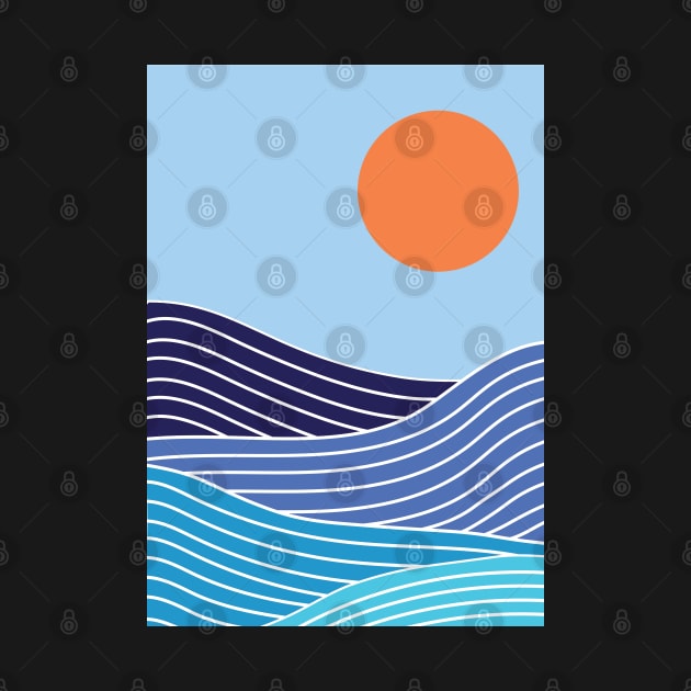 Minimalist Navy Blue Ocean Waves And Sunset Graphic Art by CityNoir