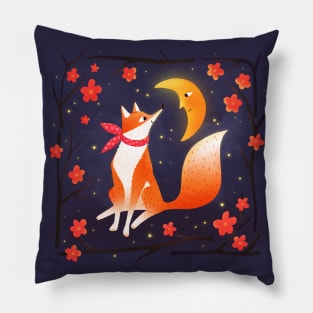 Cute fox , crescent moon and flowers, version 1 Pillow