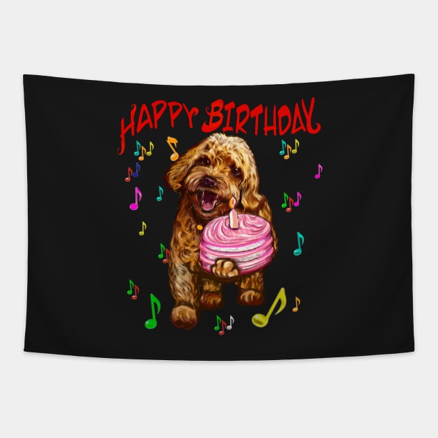 Happy birthday greetings, - Cavapoo puppy dog With birthday cake and candle  - cavalier king charles spaniel poodle, puppy love Tapestry by Artonmytee