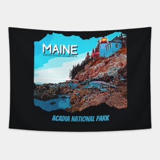 Acadia National Park, Maine - for adventure lover, camping, hiking, outdoor, lighthouse, mountain, waterfall, road trip, Retro vintage comic style design Tapestry