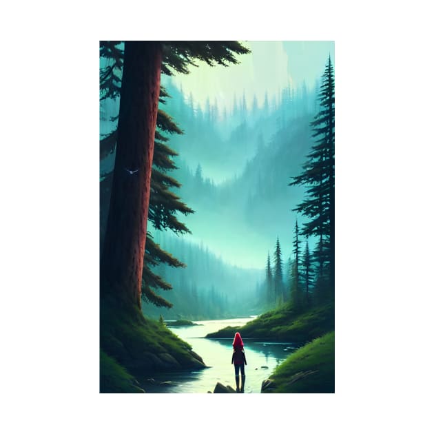 Anime Girl Nature Greenish Forest River Landscape by Trendy-Now