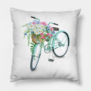 Vintage Aquamarine Bicycle with Flowers Pillow
