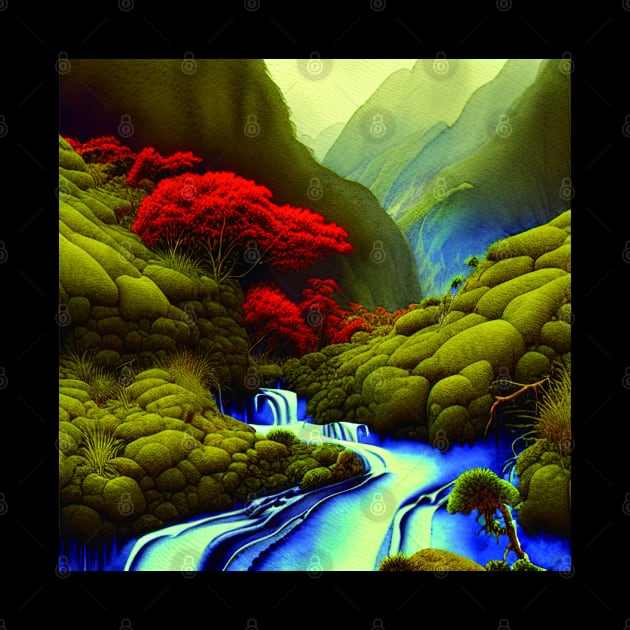 Beautiful Digital Painting With a Blue Running River Near Mountains by Promen Art